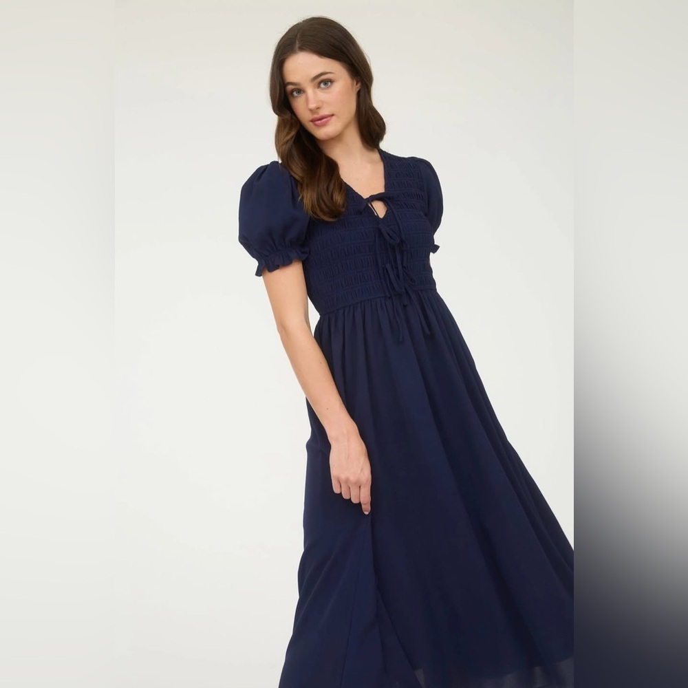 Elegant Navy Blue Tie Front Smocked Midi Dress